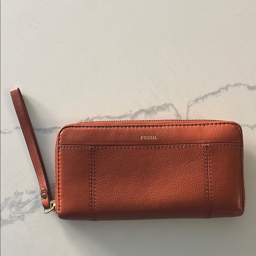 Fossil Brown Leather Wristlet Wallet RFID